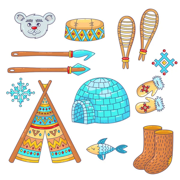 Doodle kreskówka eskimo Antarktyda północnego bieguna wektor zestaw ikon — Wektor stockowy