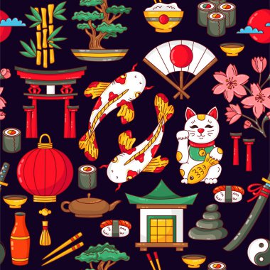 Japonya geleneksel semboller çizgi film kesintisiz vektör desen