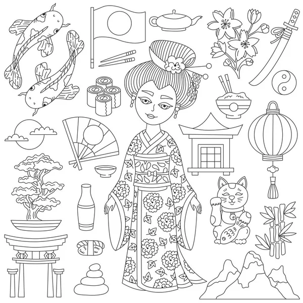 Japão ícones tradicionais doodle linha vetor definido — Vetor de Stock