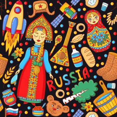 Rusya doodle karikatür renkli simgeler sorunsuz vektör desen