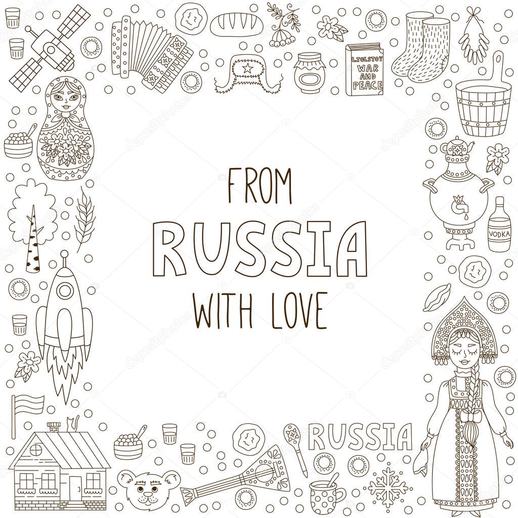 Russia doodle line icons square frame vector