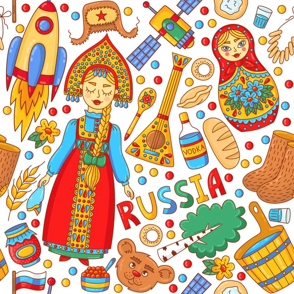 Russische schoonheid meisje en traditionele pictogrammen naadloze vector patroon — Stockvector