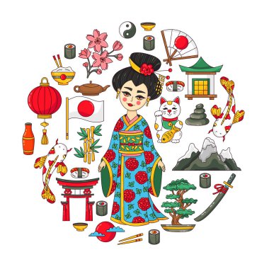 Japonya geleneksel semboller vektör şirin Icons set