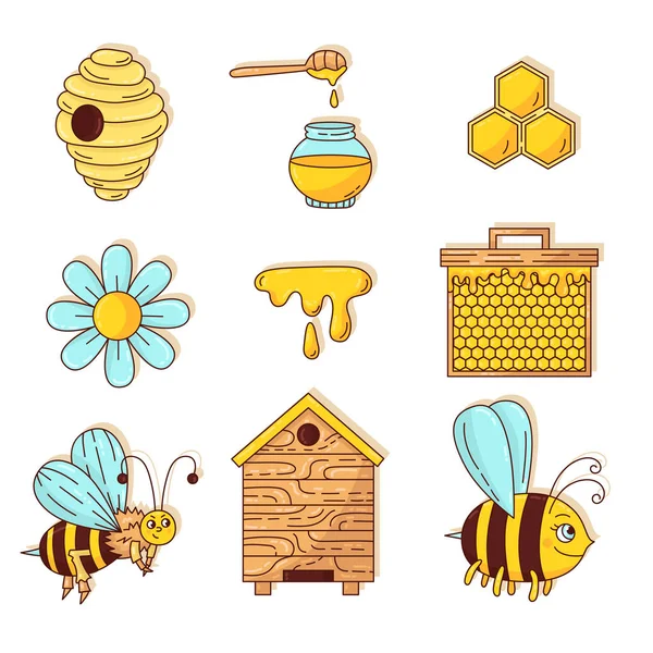 Honigbiene Symbole niedlichen Doodle Cartoon-Vektor-Set — Stockvektor