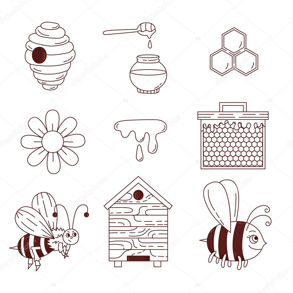 Honey bee  doodle line  icons vector set