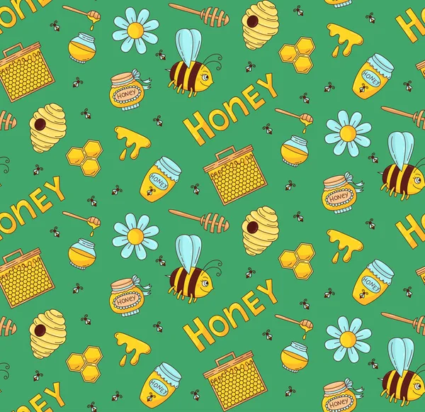 Honey bee kreslený barevné hladké vektorové vzor — Stockový vektor