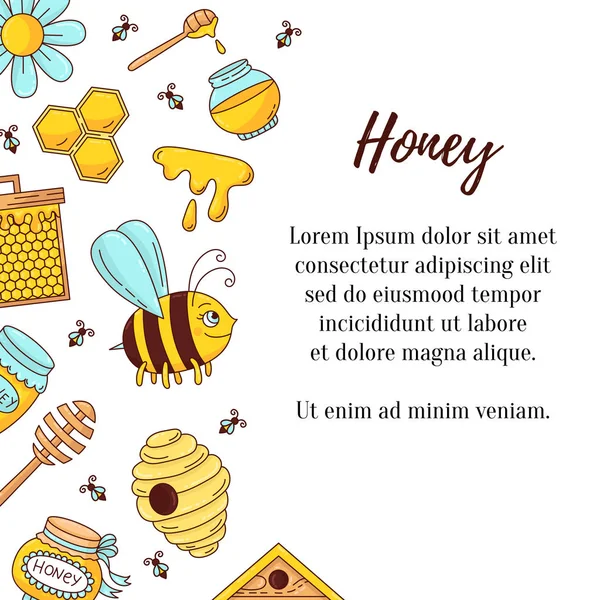 Honigbiene Vektor Banner Vorlage mit bunten Cartoon-Symbole — Stockvektor