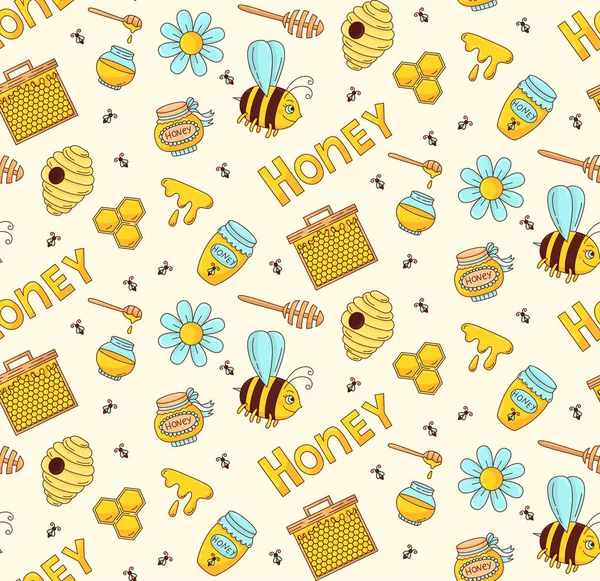 Honey bee kleurrijke naadloze vector patroon — Stockvector