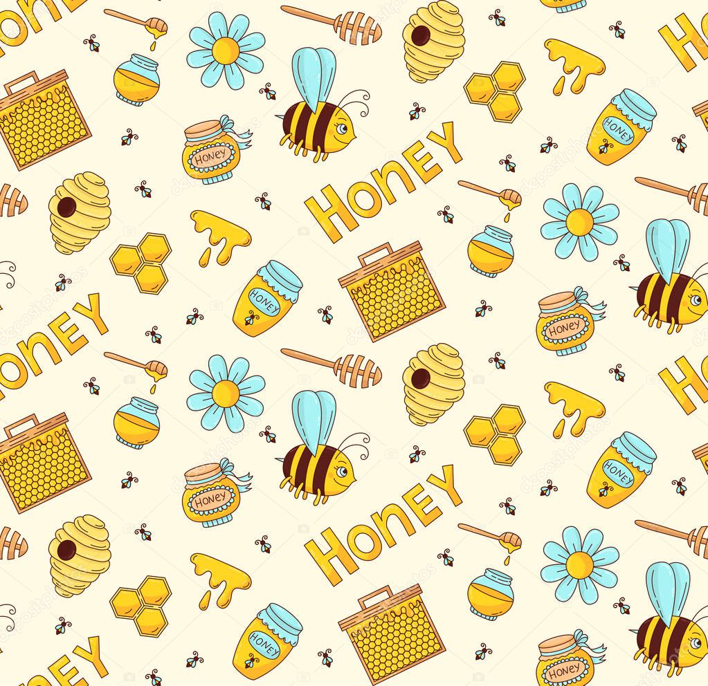 Honey bee colorful seamless vector pattern