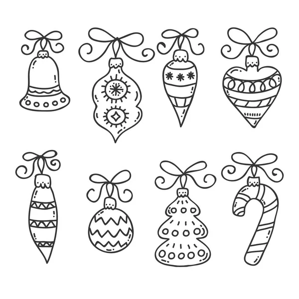 Navidad decorativo doodle línea bolas juguetes vector conjunto — Archivo Imágenes Vectoriales