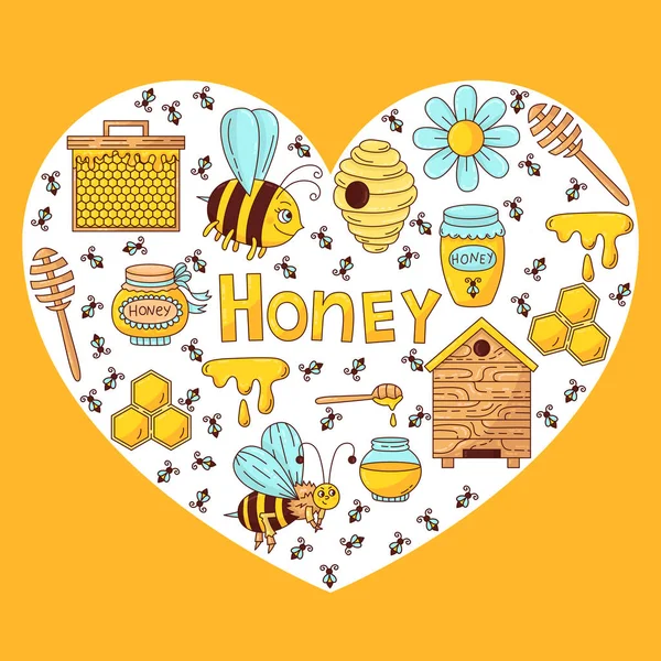 Miel abeja iconos corazón forma vector de diseño — Vector de stock