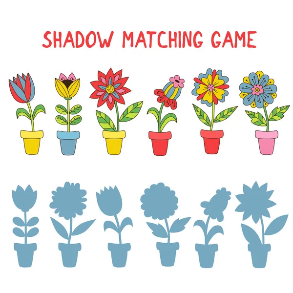 Blommor i krukor mathcing shadow spel vektor illustration — Stock vektor