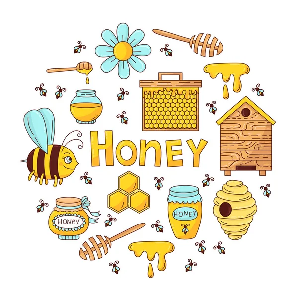 Honungsbiet doodle tecknad ikoner vektor — Stock vektor