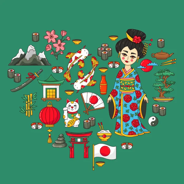 Japão ícones tradicionais conjunto de forma de coração — Vetor de Stock