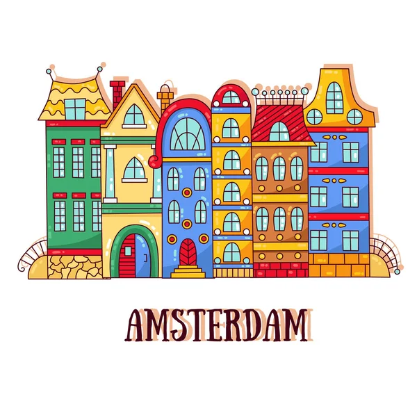 Vektör çizim Amsterdam eski şehir sokak evleri