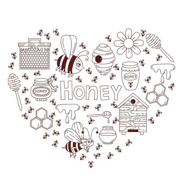 Honey bee doodle ikoner vektor set — Stock vektor