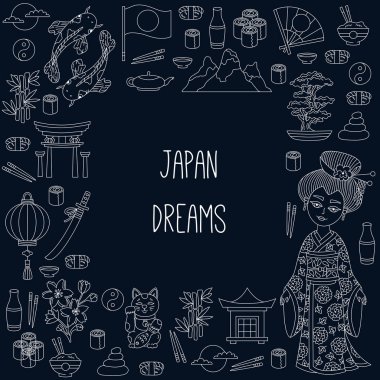 Japonya doodle simgeler kare vektör çerçeve semboller koleksiyonu