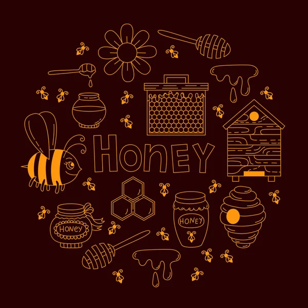 Miel abeja doodle línea iconos vector conjunto — Vector de stock