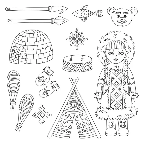 Symboles arctiques esquimaux et jeu de vecteurs de caractères — Image vectorielle
