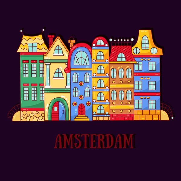 Векторная иллюстрация зданий мультипликационных домов Амстердама — стоковый вектор