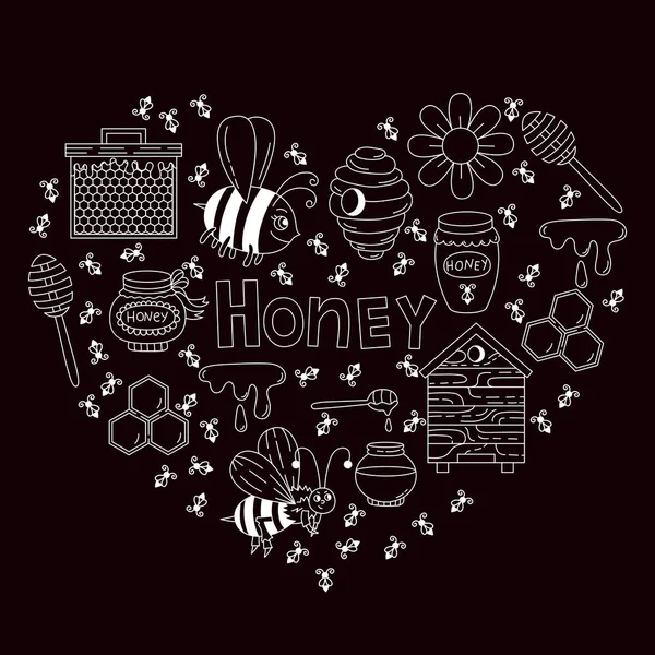 Honey bee doodle ikoner vektor set — Stock vektor