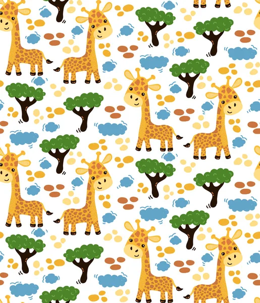 Giraffe trees cute seamless vector pattern — Stock Vector