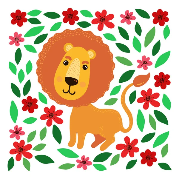 León con flores vector ilustración — Archivo Imágenes Vectoriales