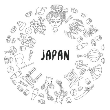 Japonya doodle çizgili simgesi dekoratif çerçeve