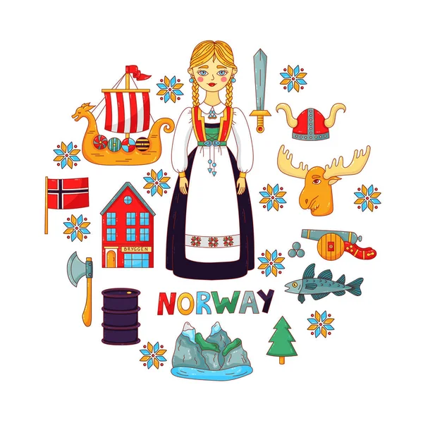 Noruega conjunto vetor doodle — Vetor de Stock