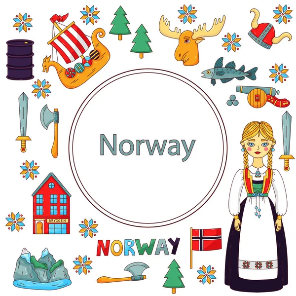 Ensemble d'icônes Norvège doodle — Image vectorielle