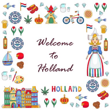 Holland Hollanda Doodle karikatür vektör set kare çerçeve