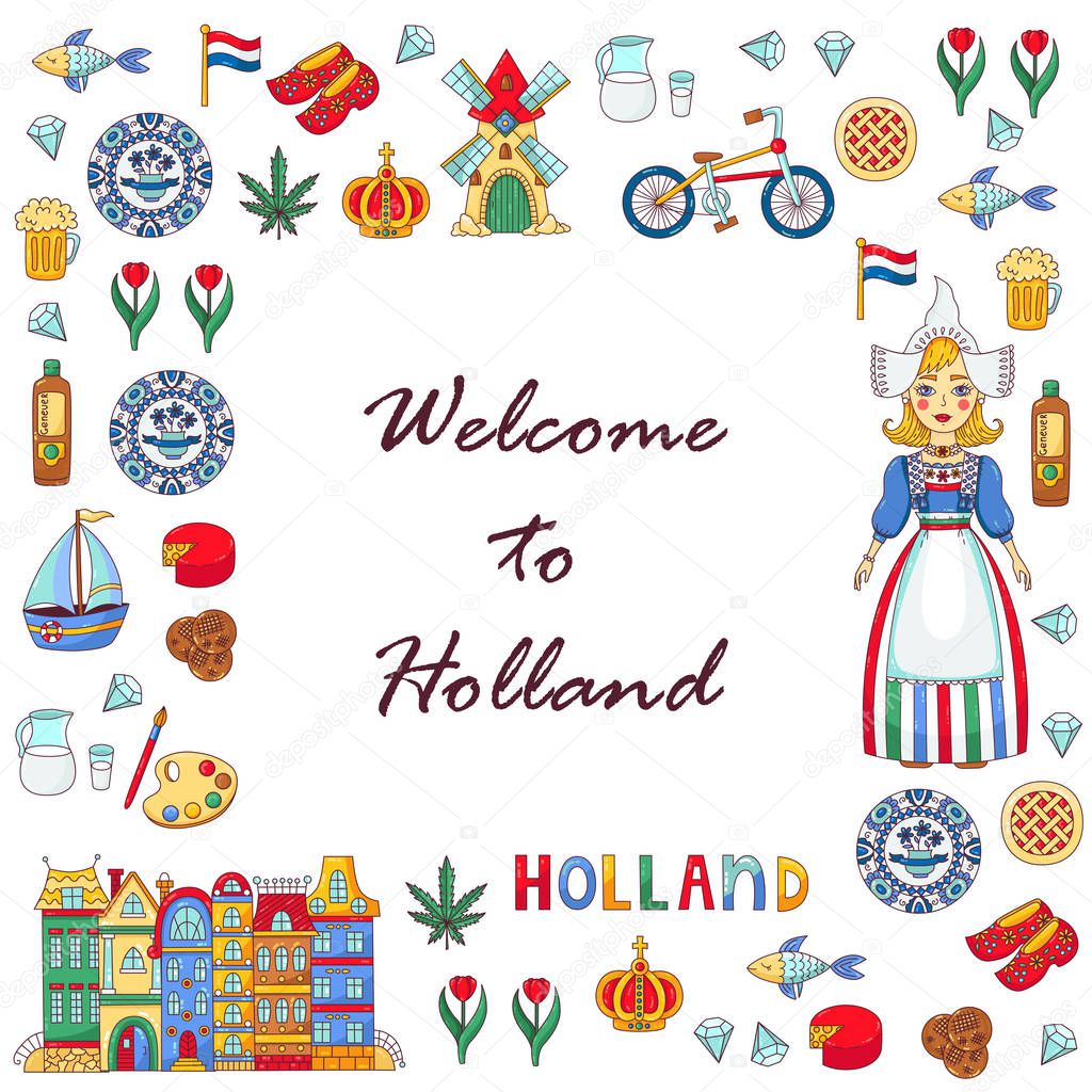 Holland Netherlands doodle cartoon vector set square frame