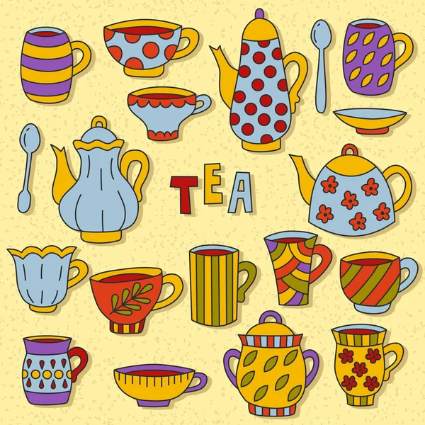 Tea tableware colorful doodles collection — Stock Photo, Image