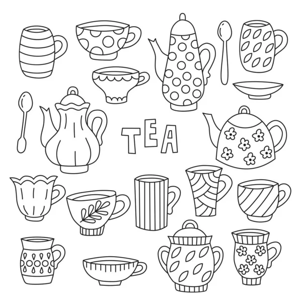 Chá utensílios de mesa ícones doodle — Vetor de Stock