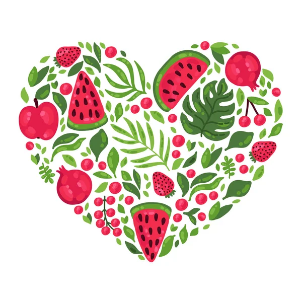 Κόκκινα φρούτα και φυτά καρδιά σχεδιασμό σχήμα — Διανυσματικό Αρχείο