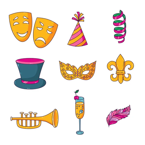 Maskerade Doodle Cartoon Icons Vektor-Set — Stockvektor