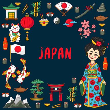 Japonya doodle simgeleri seti