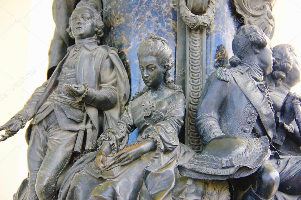 Details of statue of Katherine the second in Tsarskoe Selo, Pushkin, Saint-Petersburg, August 2019