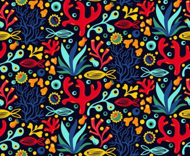 Akvaryum sualtı deniz okyanus doodle renkli dekoratif dikişsiz vektör deseni