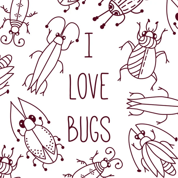 Bugs Beetles Insects Set Doodle Line Vector Banner — Stock Vector