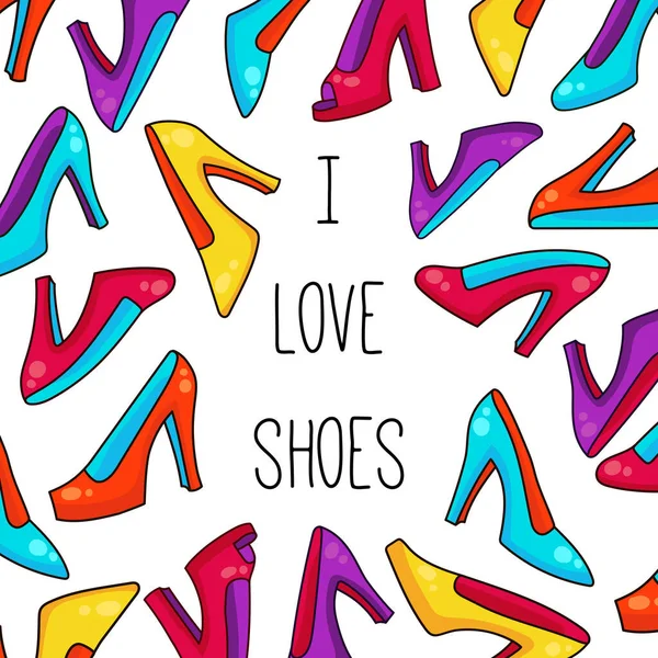 Aime Les Chaussures Doodle Coloré Femme Chaussures Vectoriel Illustration — Image vectorielle