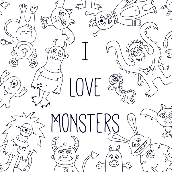 Monster Doodle Linienvektor Chracter Niedliche Banner Vorlage — Stockvektor