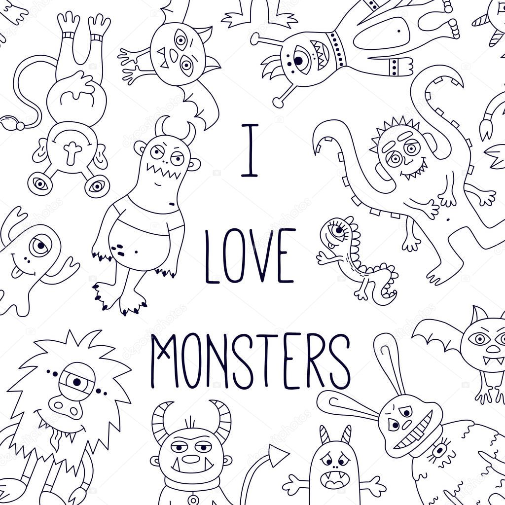 Monsters doodle line vector chracters cute banner template