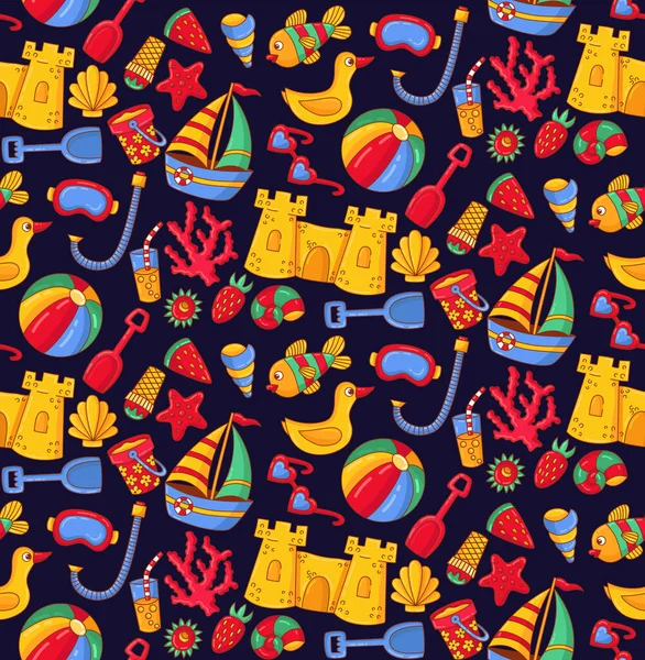 Summer Beach Vacation Icons Colorful Cute Briht Seamless Vector Pattern — Stock Vector