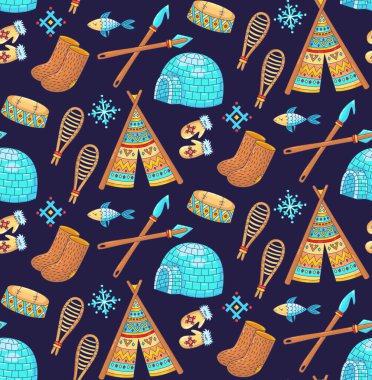 Eskimo alaska kuzey kutbu sembolleri şirin renkli karalama çizimsiz vektör deseni