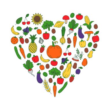Sebzeler ve meyve vektörü simgeleri kalp şekli koleksiyonu