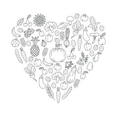 Sebze karalama çizgisi vektörü kalp şekli tasarımını ayarla