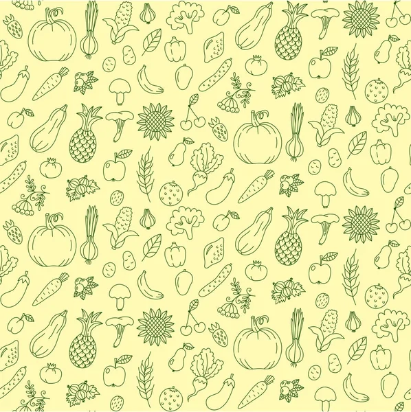 Fruits Vegetables Doodle Line Seamless Vector Pattern — Stock Vector