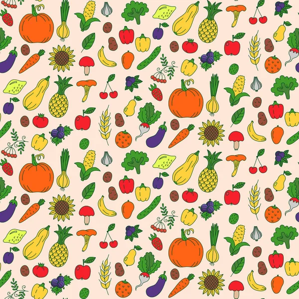 Warzywa Owoce Doodle Kolorowe Bezszwowe Wektor Wzór — Wektor stockowy