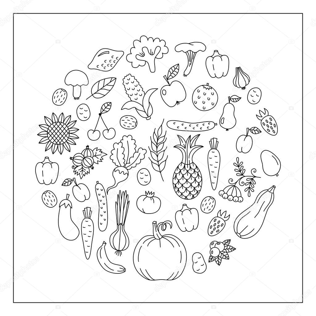 Line doodle vegatables fruits vector set